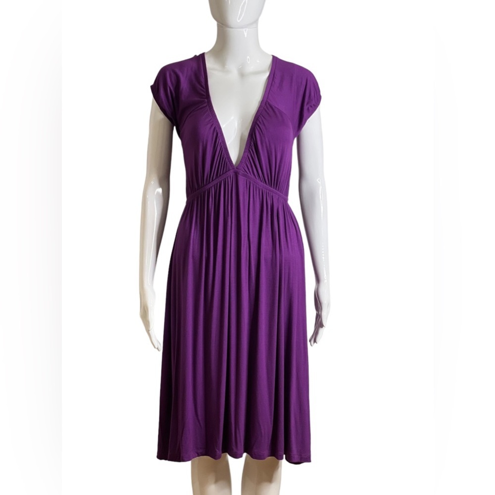 Kosiuko Womans Size M Dress Midi Purple  V Neck Short Sleeve Empire Open Back